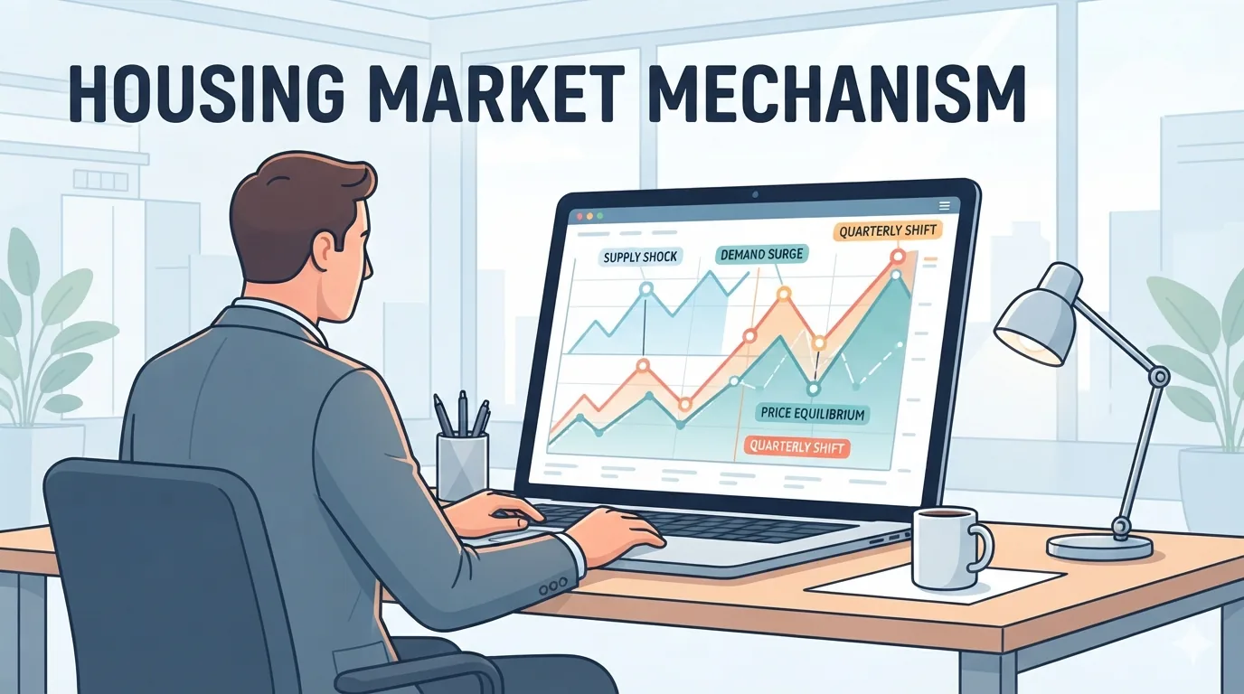 Analis membaca grafik pasar perumahan di laptop