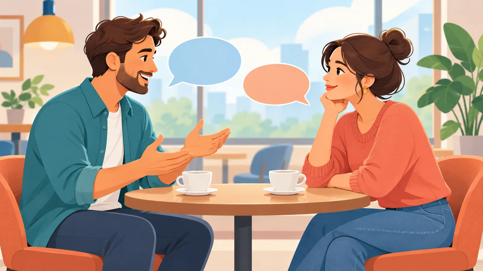 Pasangan berbincang tenang berhadapan di meja kafe