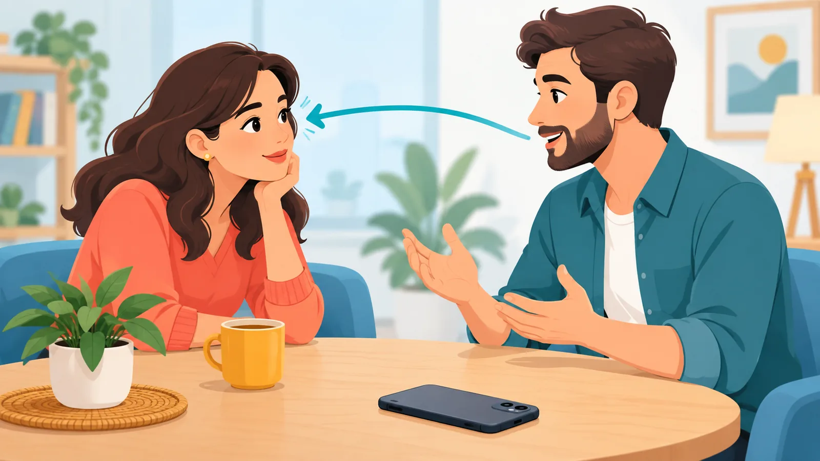 Seorang perempuan mendengarkan pasangannya dengan penuh perhatian tanpa gawai