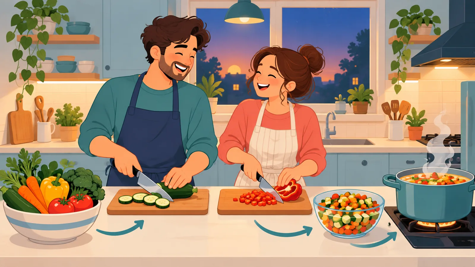 Pasangan memasak makan malam bersama sambil tertawa