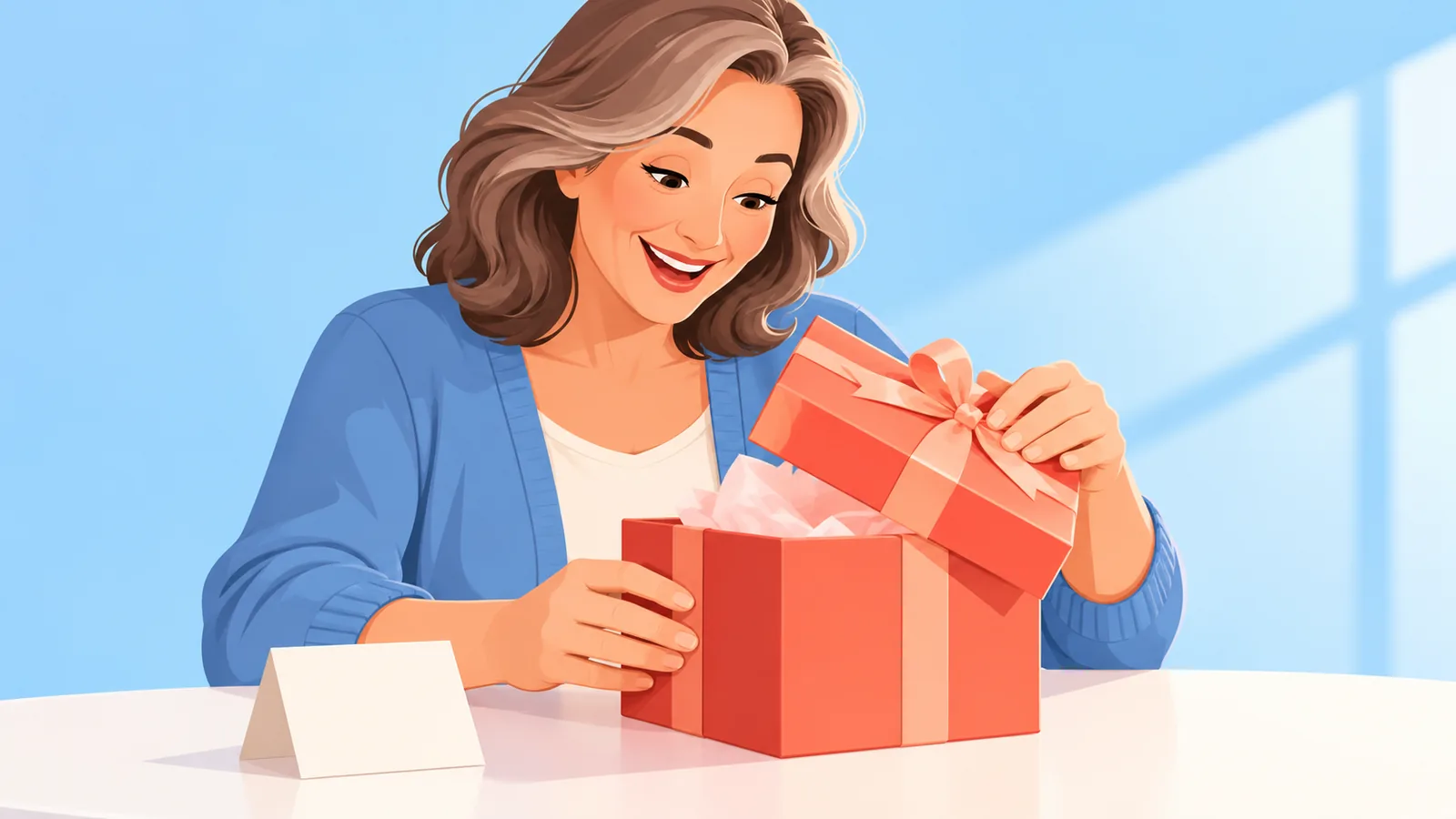 Wanita paruh baya tersenyum sambil membuka hadiah pensiun di ruang tamu