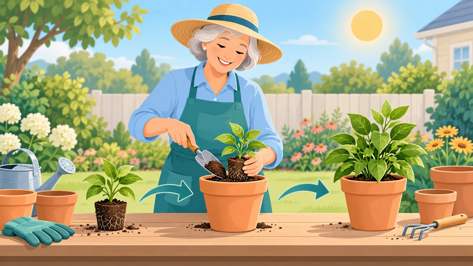 Wanita berkebun dengan alat taman ringan di halaman rumah