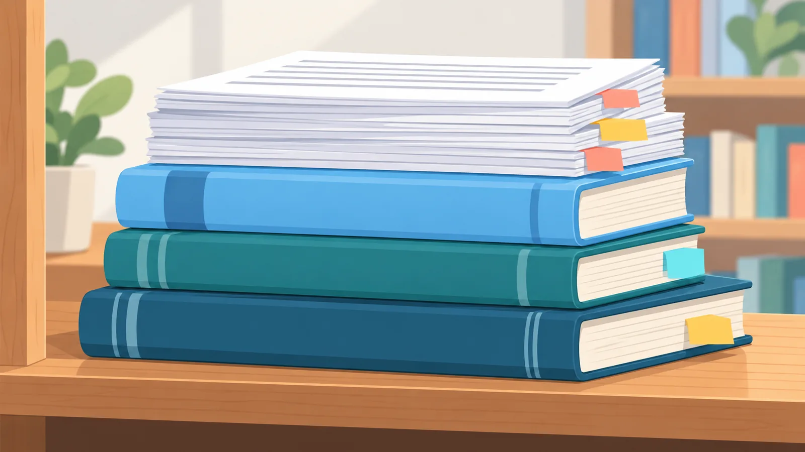 Tumpukan buku referensi dengan penanda di rak kayu