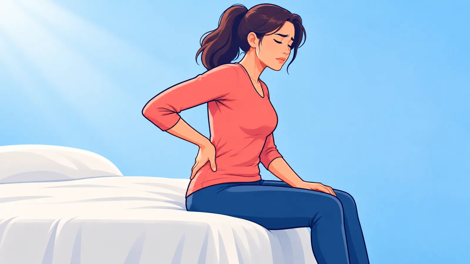 Orang duduk di tepi tempat tidur sambil memegang punggung bawah yang kaku di pagi hari