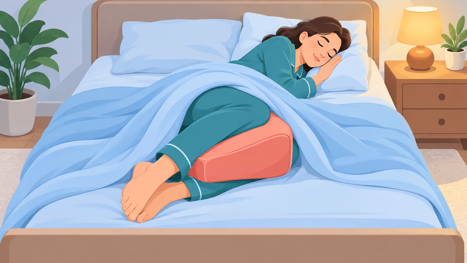 Orang tidur miring dengan bantal di antara lutut