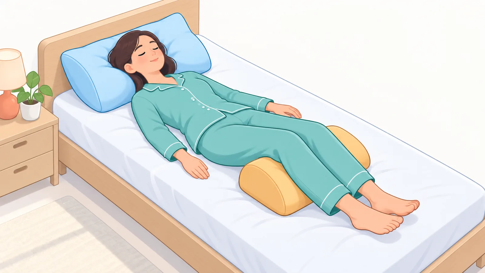 Orang tidur telentang dengan bantal kecil di bawah lutut