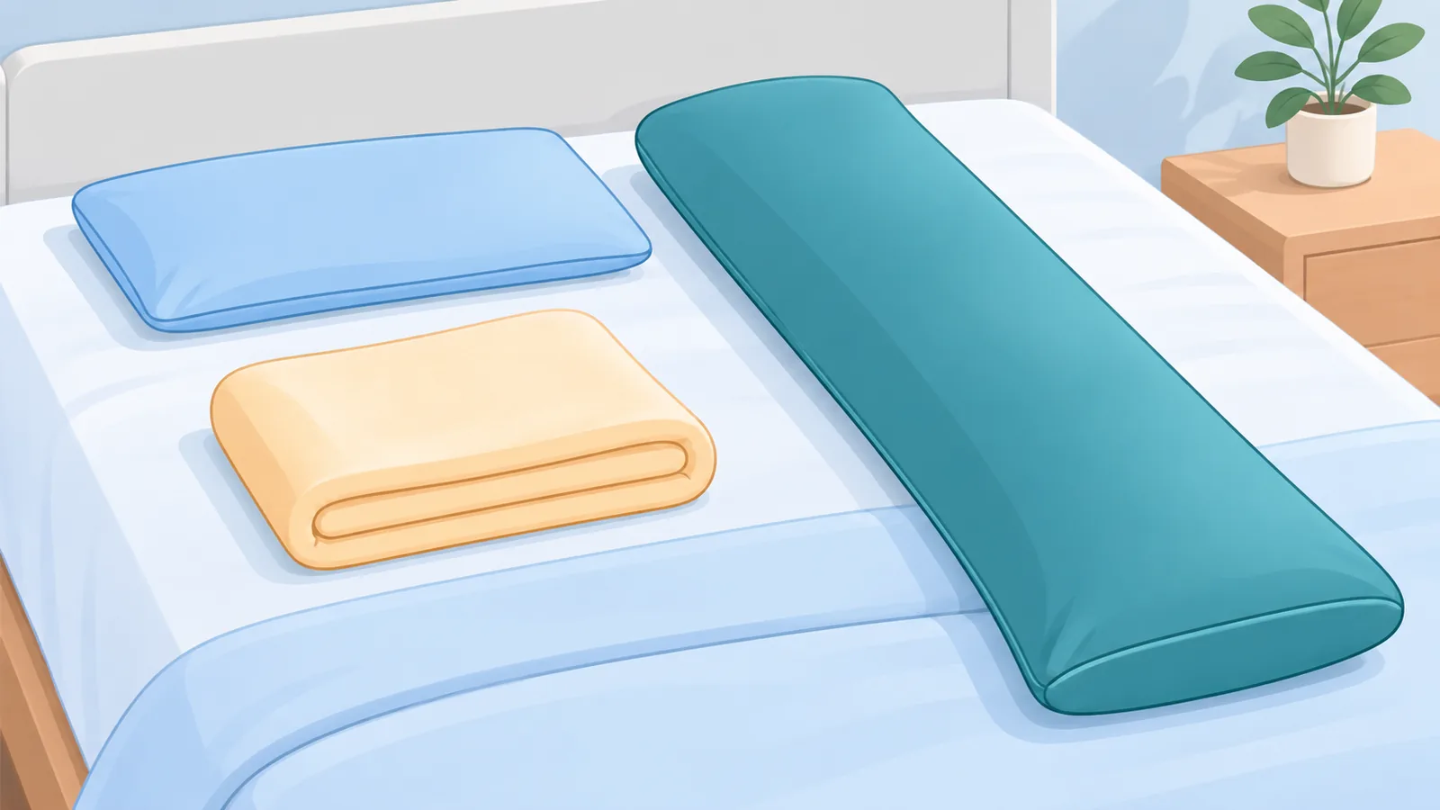 Bantal tipis, handuk lipat, dan bantal guling sebagai penyangga tidur tengkurap
