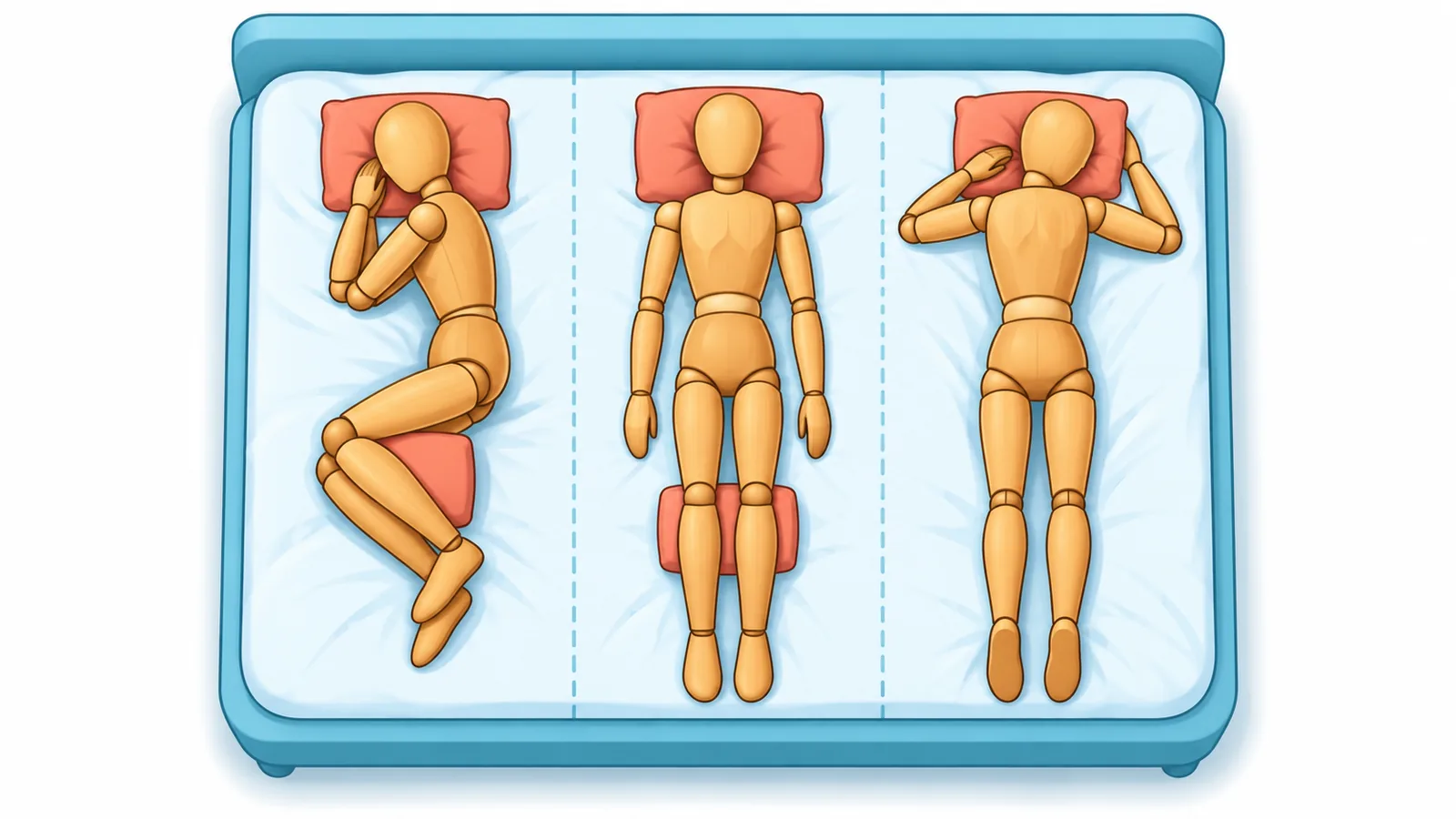 Tiga boneka model memperagakan posisi tidur miring, telentang, dan tengkurap