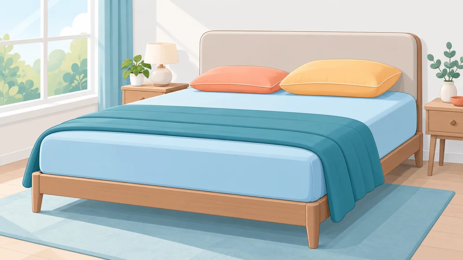 Kasur dengan dua bantal berbeda ketebalan di kamar tidur yang tenang