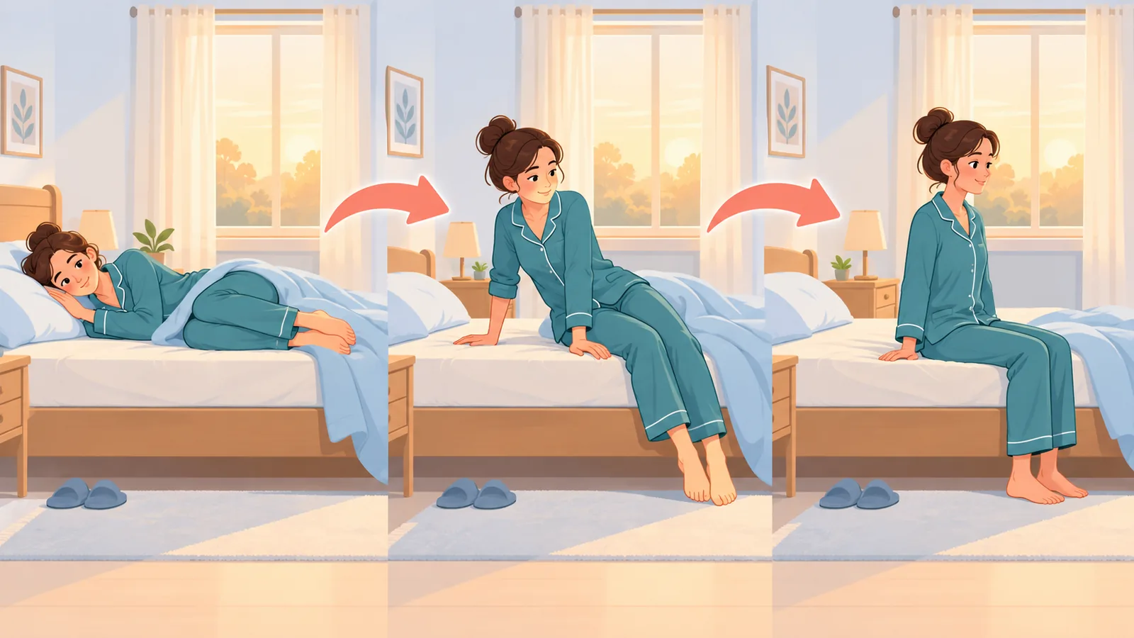 Orang bangun dari tempat tidur dengan berguling ke samping lalu mendorong badan dengan lengan