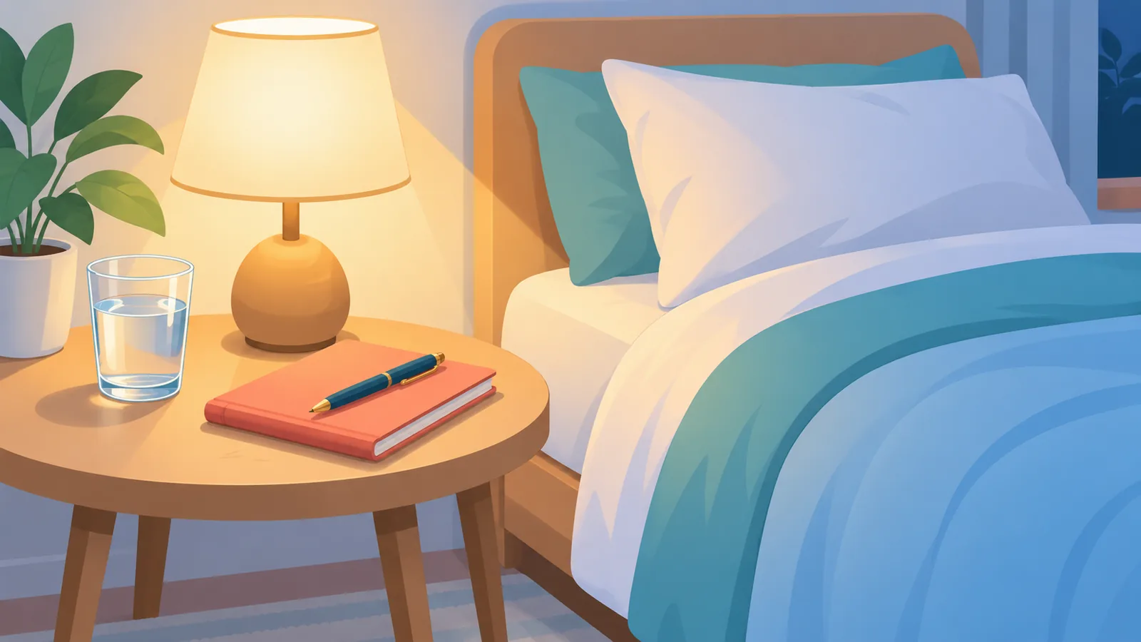 Meja samping tempat tidur dengan buku catatan untuk mencatat kualitas tidur dan nyeri