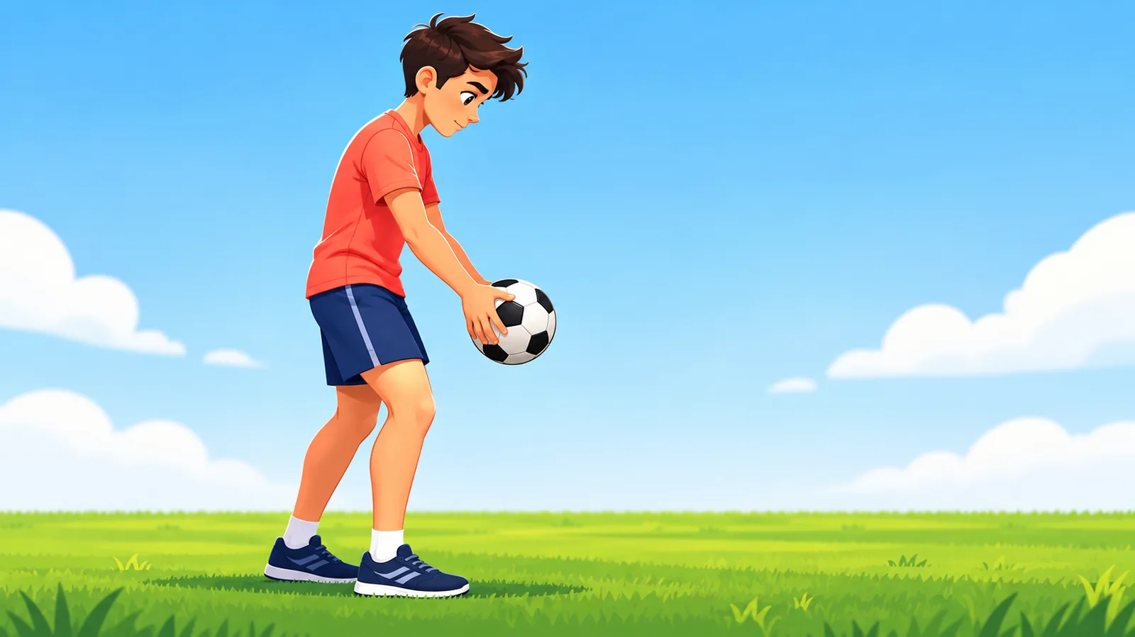 Pemula memegang bola sepak di depan tubuh sebelum latihan satu sentuhan