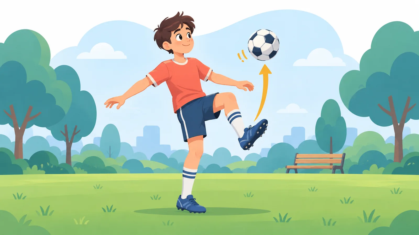 Pemain muda menjaga bola sepak tetap di udara di taman