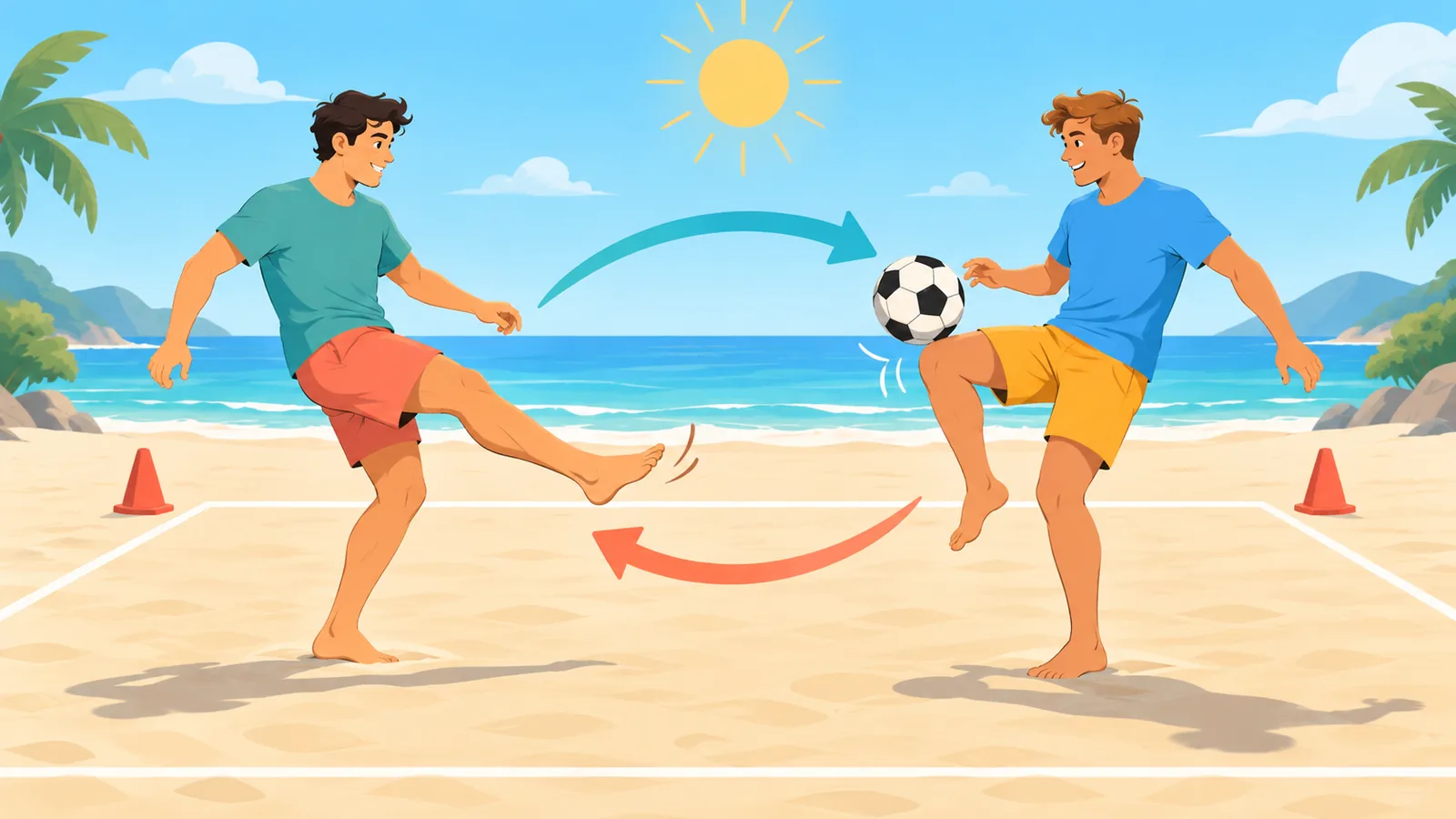 Dua teman berlatih estafet bola di lapangan pasir