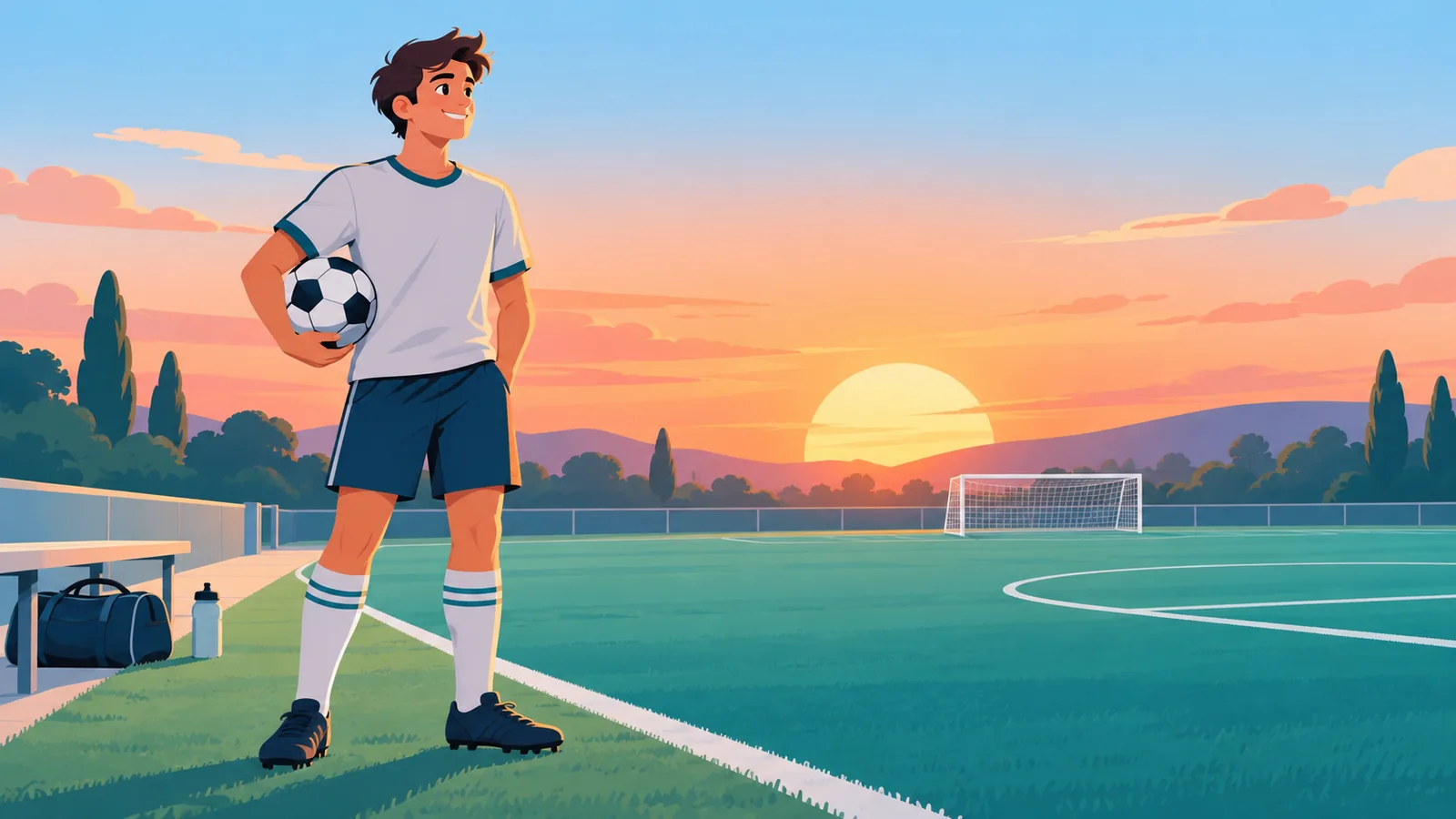 Pemain tersenyum membawa bola setelah selesai berlatih
