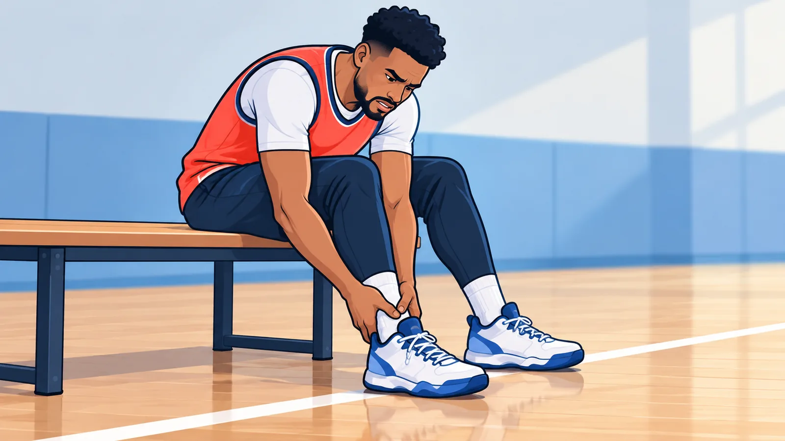 Pemain basket duduk di bangku lapangan sambil memegang pergelangan kaki