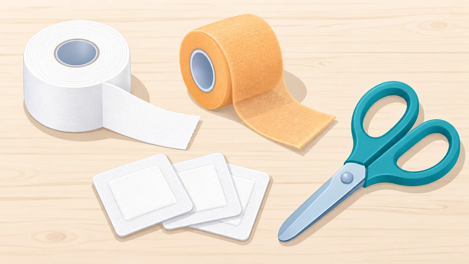 Perlengkapan taping: sports tape, prewrap, bantalan, dan gunting