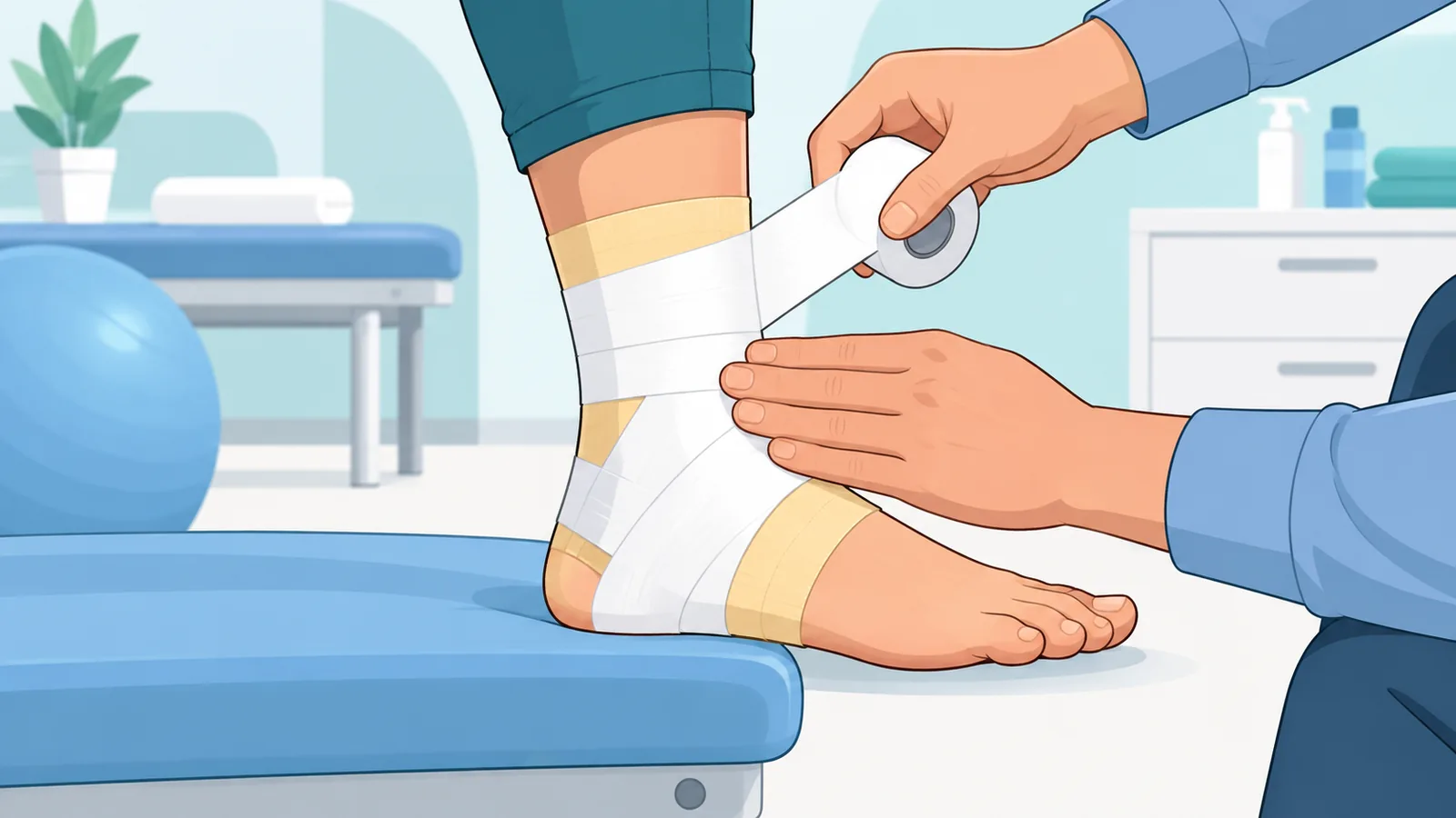 Tangan memasang sports tape di pergelangan kaki yang sudah diberi prewrap