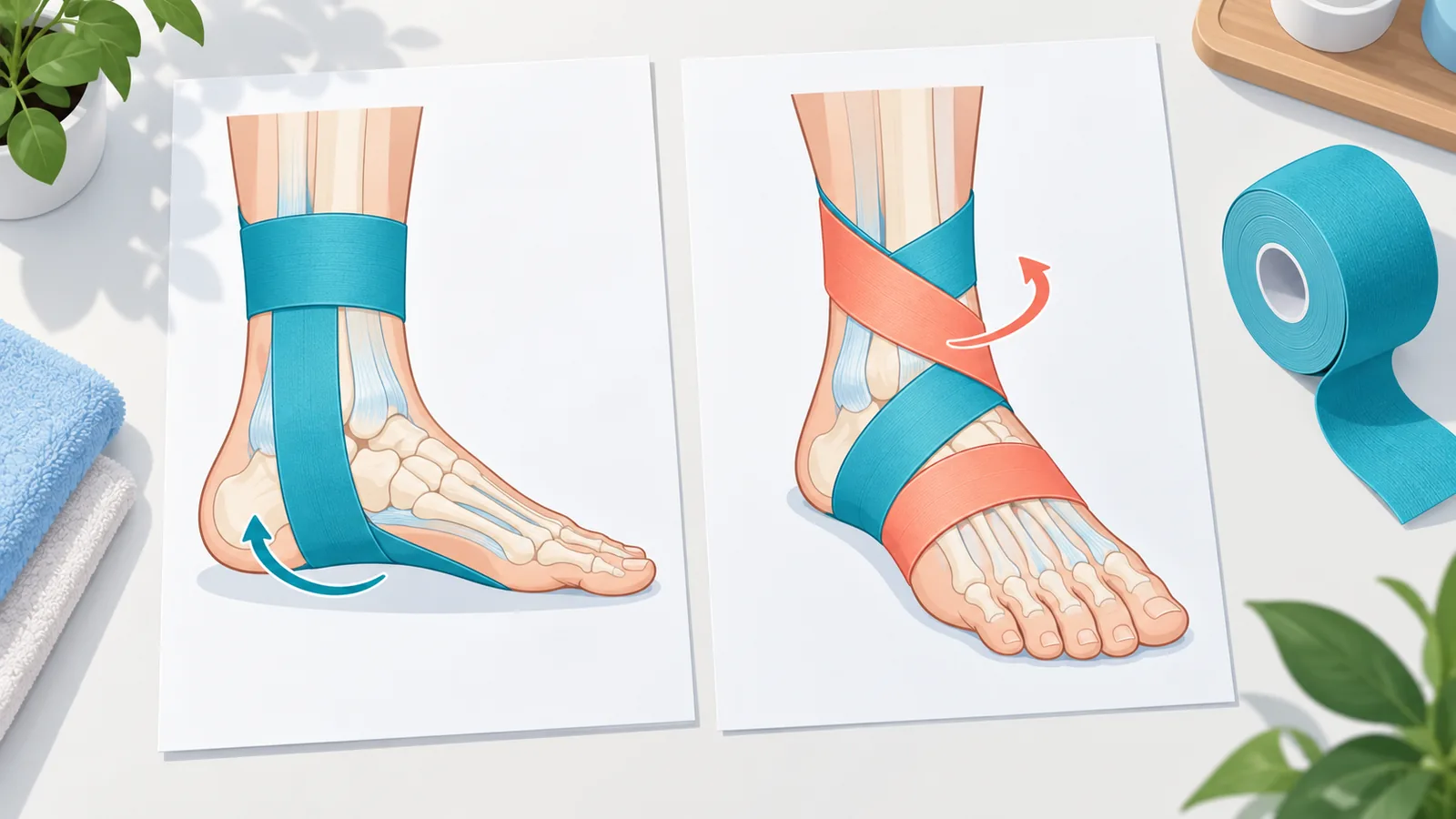Dua diagram pola taping pergelangan kaki di meja fisioterapi