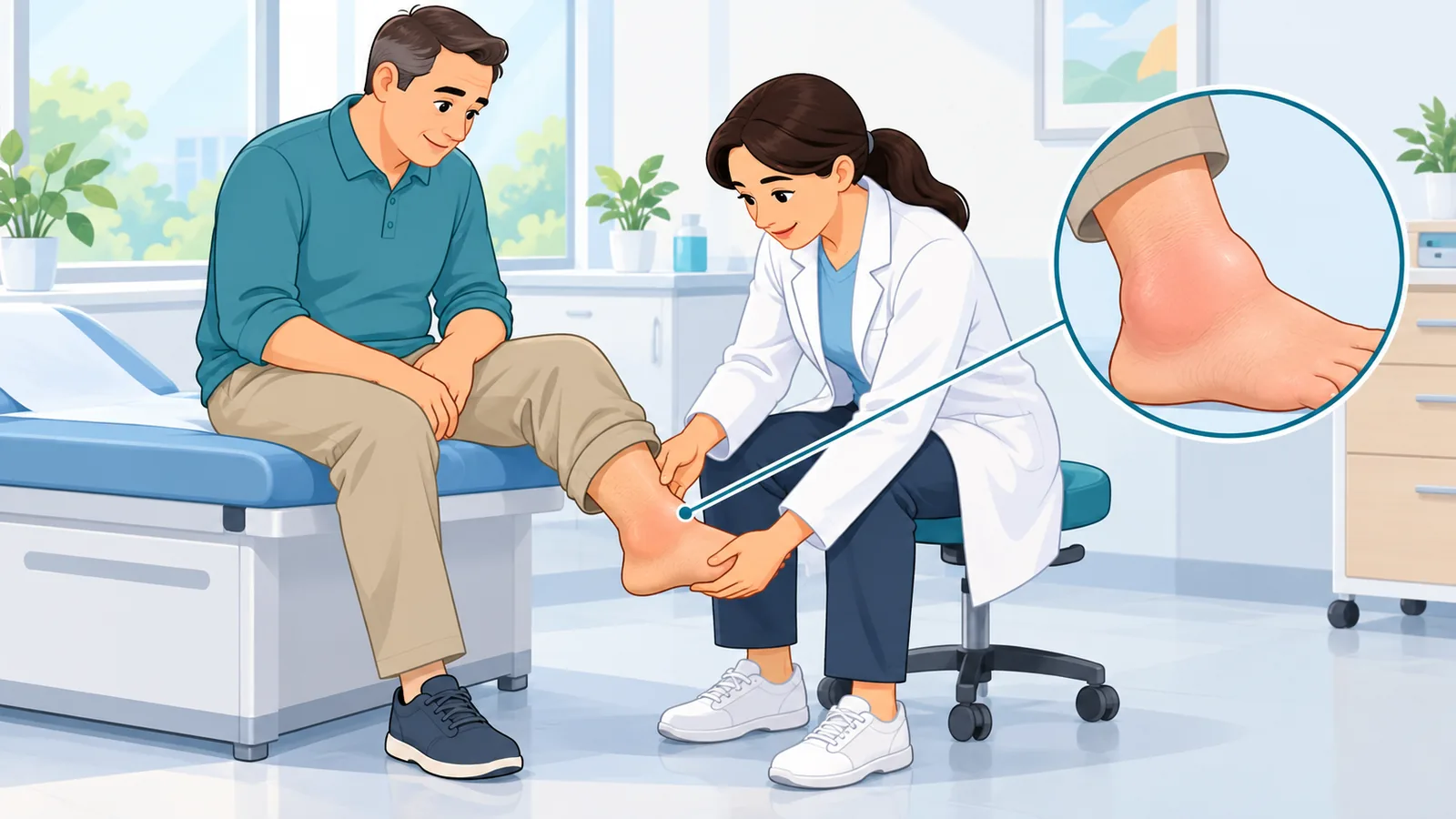 Dokter memeriksa pergelangan kaki pasien yang bengkak
