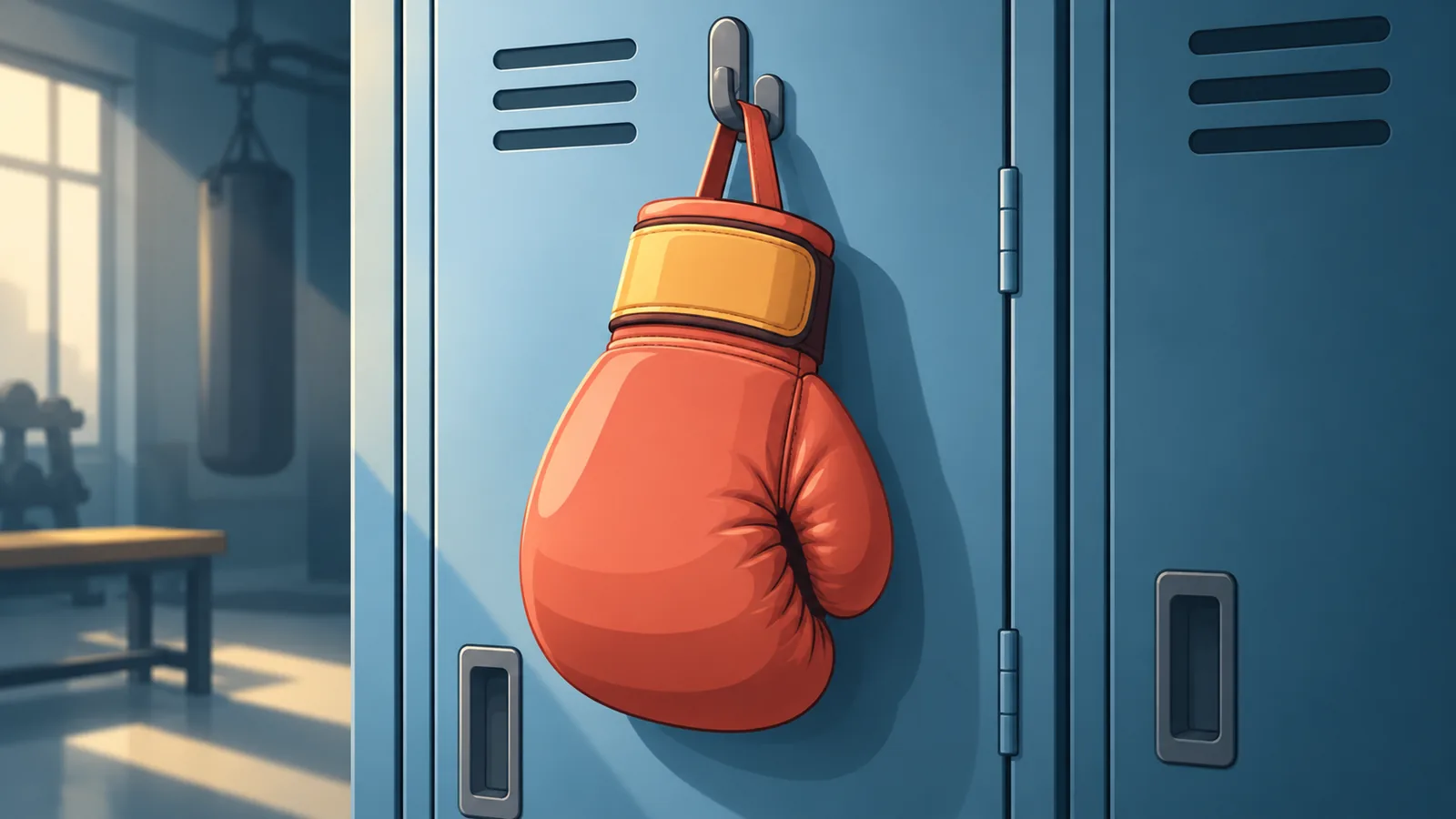 Sarung tinju tergantung di pintu loker di dalam gym yang temaram