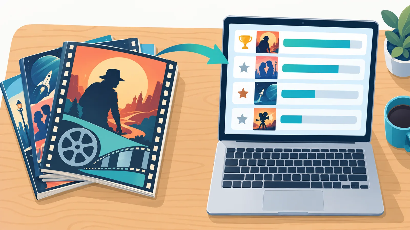 Tumpukan majalah film dan laptop yang menampilkan daftar peringkat film di meja kayu