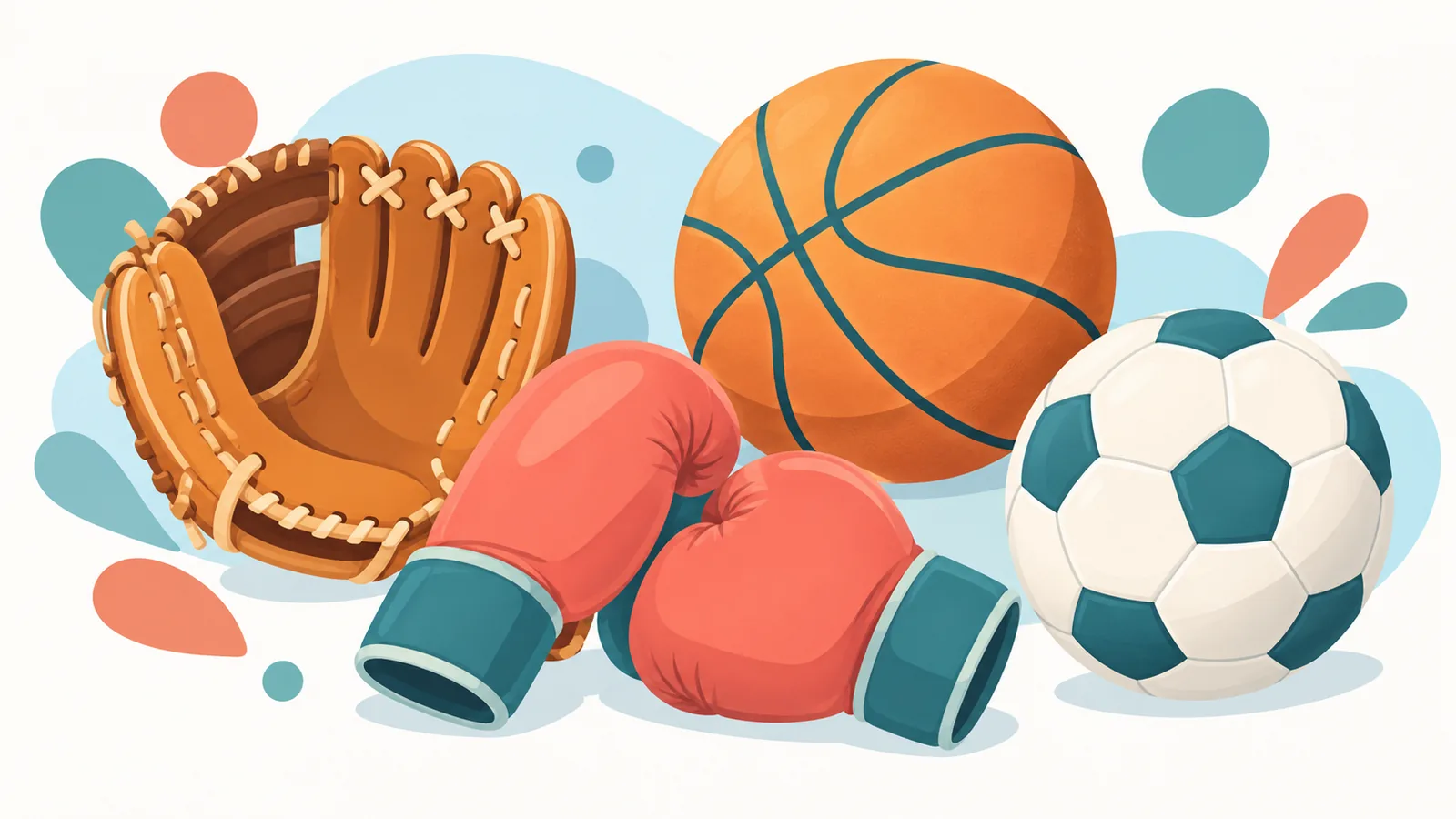Peralatan olahraga seperti sarung bisbol, sarung tinju, bola basket, dan bola sepak tertata rapi