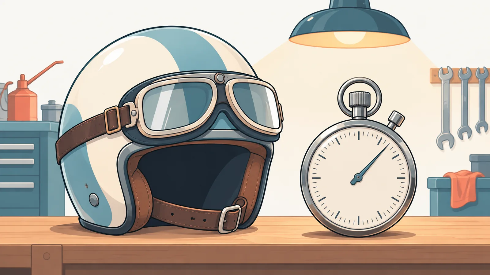 Helm balap klasik di samping stopwatch tua di meja bengkel
