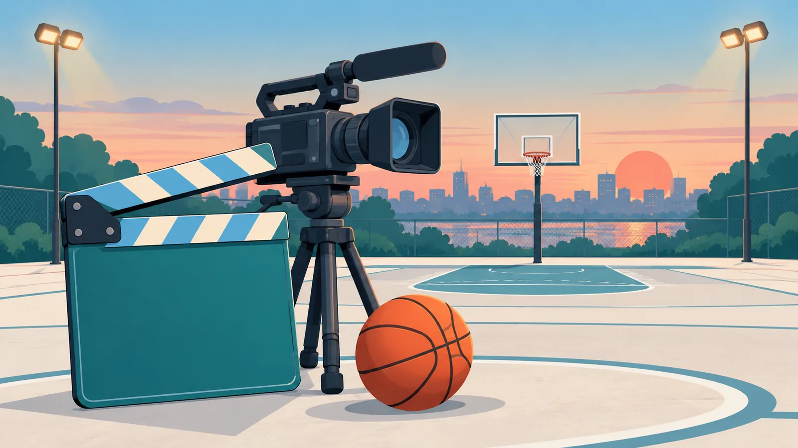 Papan klaper film dokumenter di samping kamera di lapangan basket saat senja