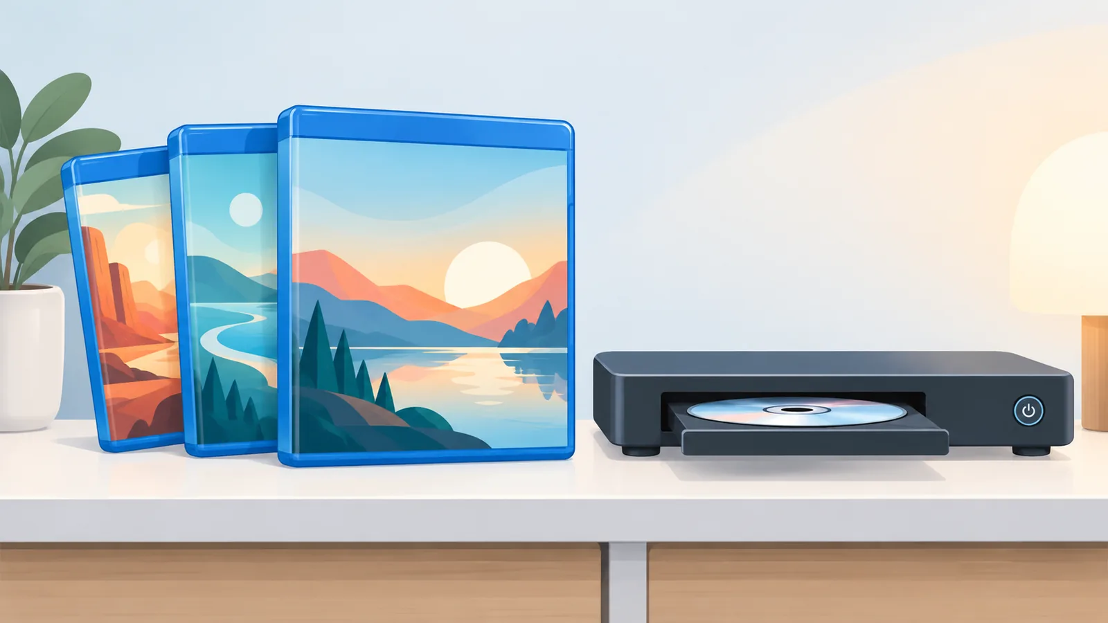 Tiga kotak Blu-ray tersusun di rak di samping pemutar home theater