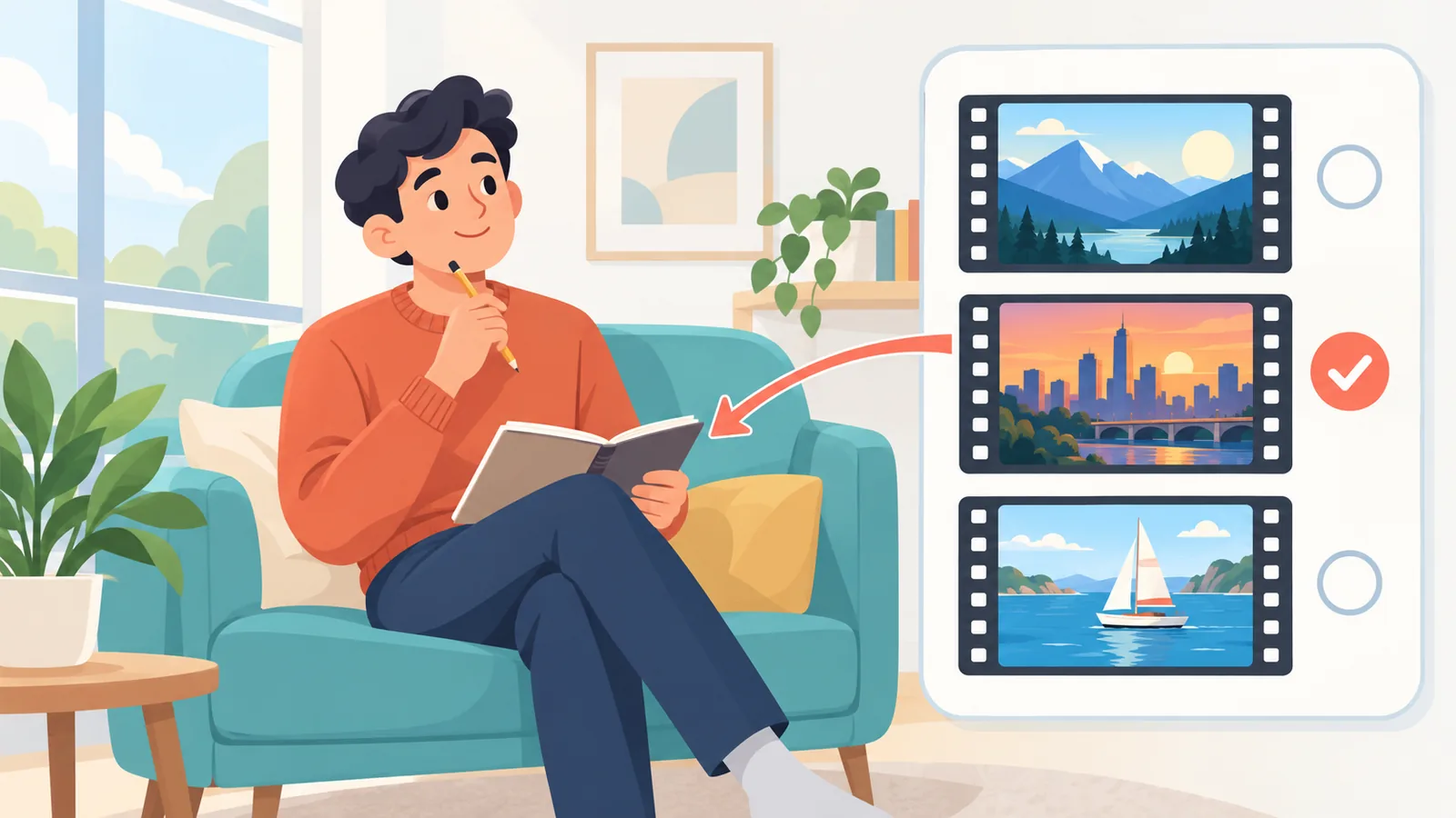 Seseorang duduk di sofa dengan buku catatan berisi daftar film
