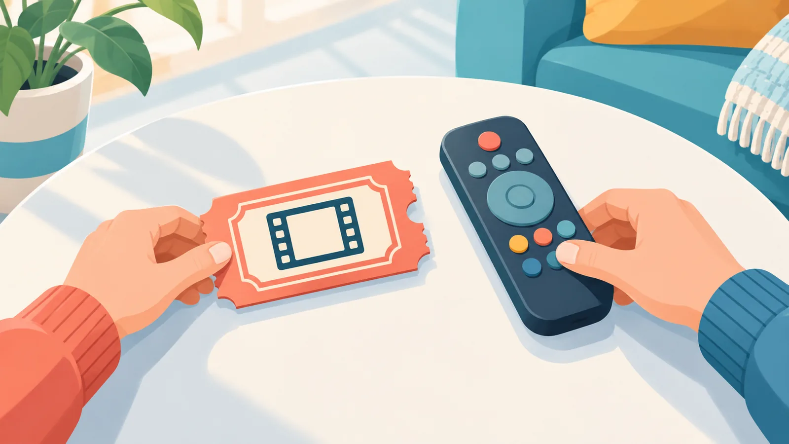 Dua tangan meletakkan tiket film dan remote di meja pada pagi akhir pekan