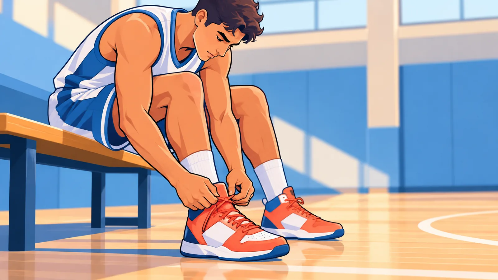 Pemain basket mengikat tali sepatu di pinggir lapangan sebelum bermain