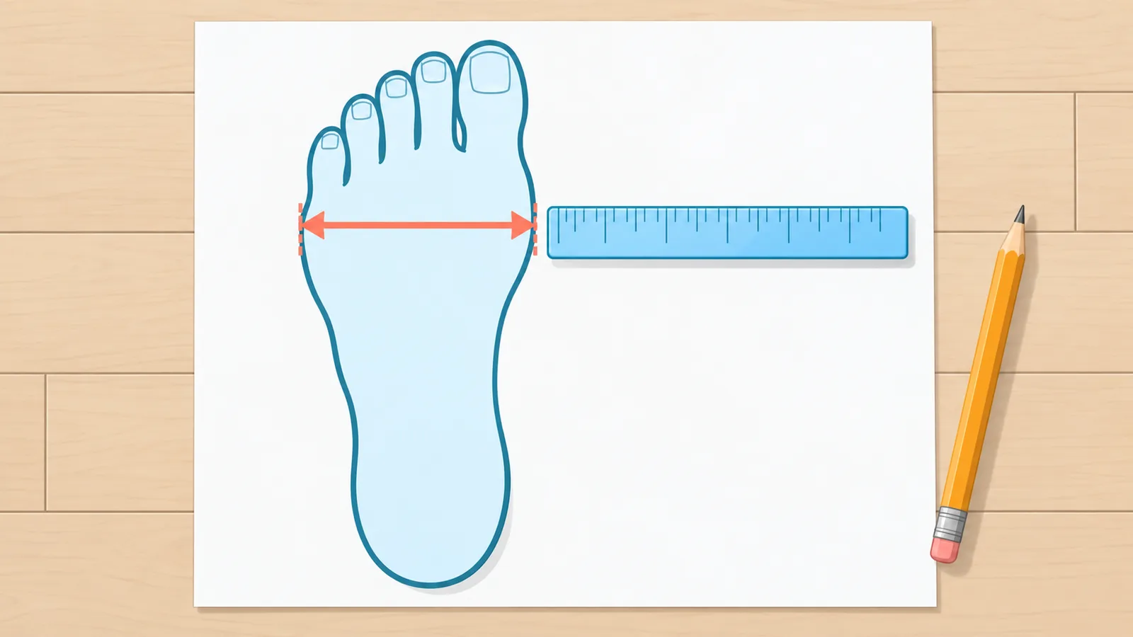 Jiplakan telapak kaki di atas kertas dengan penggaris untuk mengukur lebar kaki
