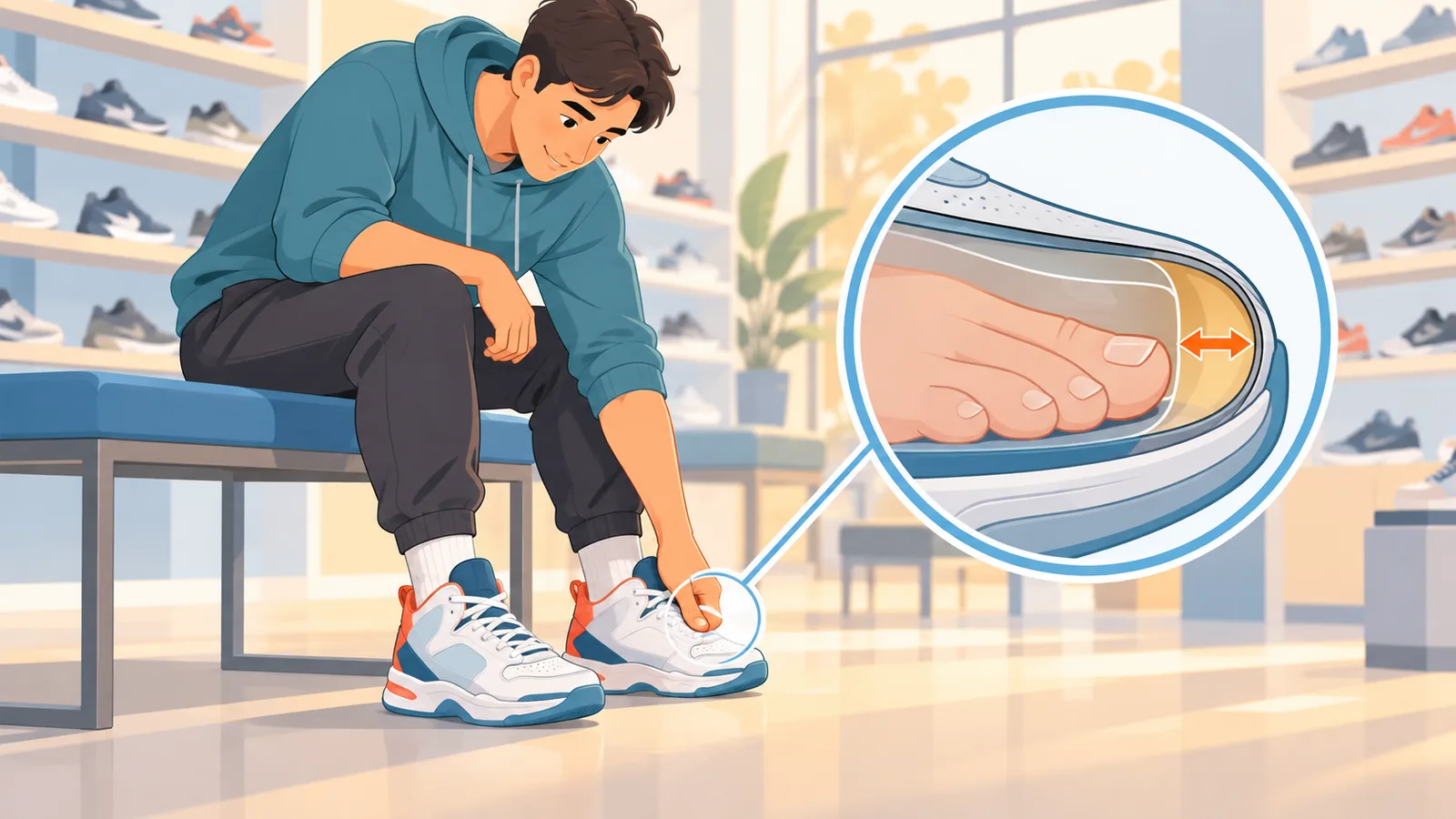 Pemain mencoba sepatu basket di toko olahraga sambil menekan area depan sepatu