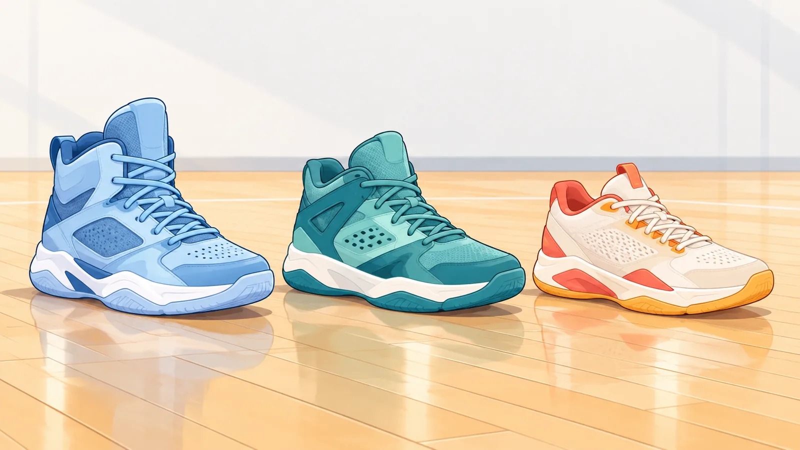 Tiga sepatu basket berjajar di atas lantai kayu untuk dibandingkan