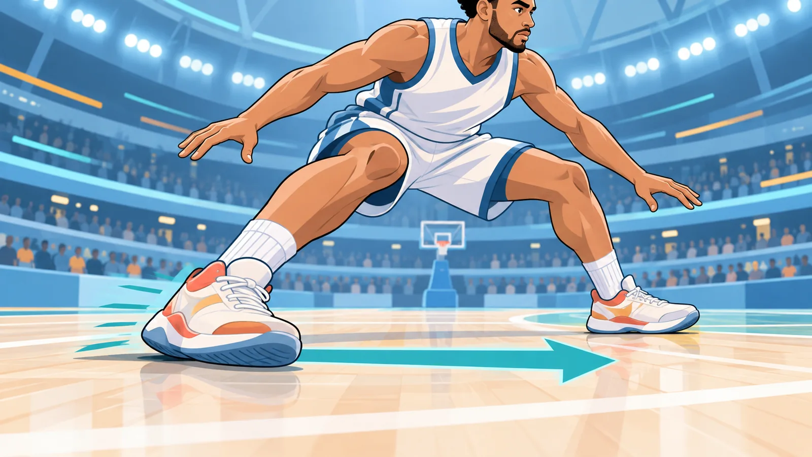 Pemain basket melakukan gerakan menyamping di lapangan indoor dengan sepatu basket