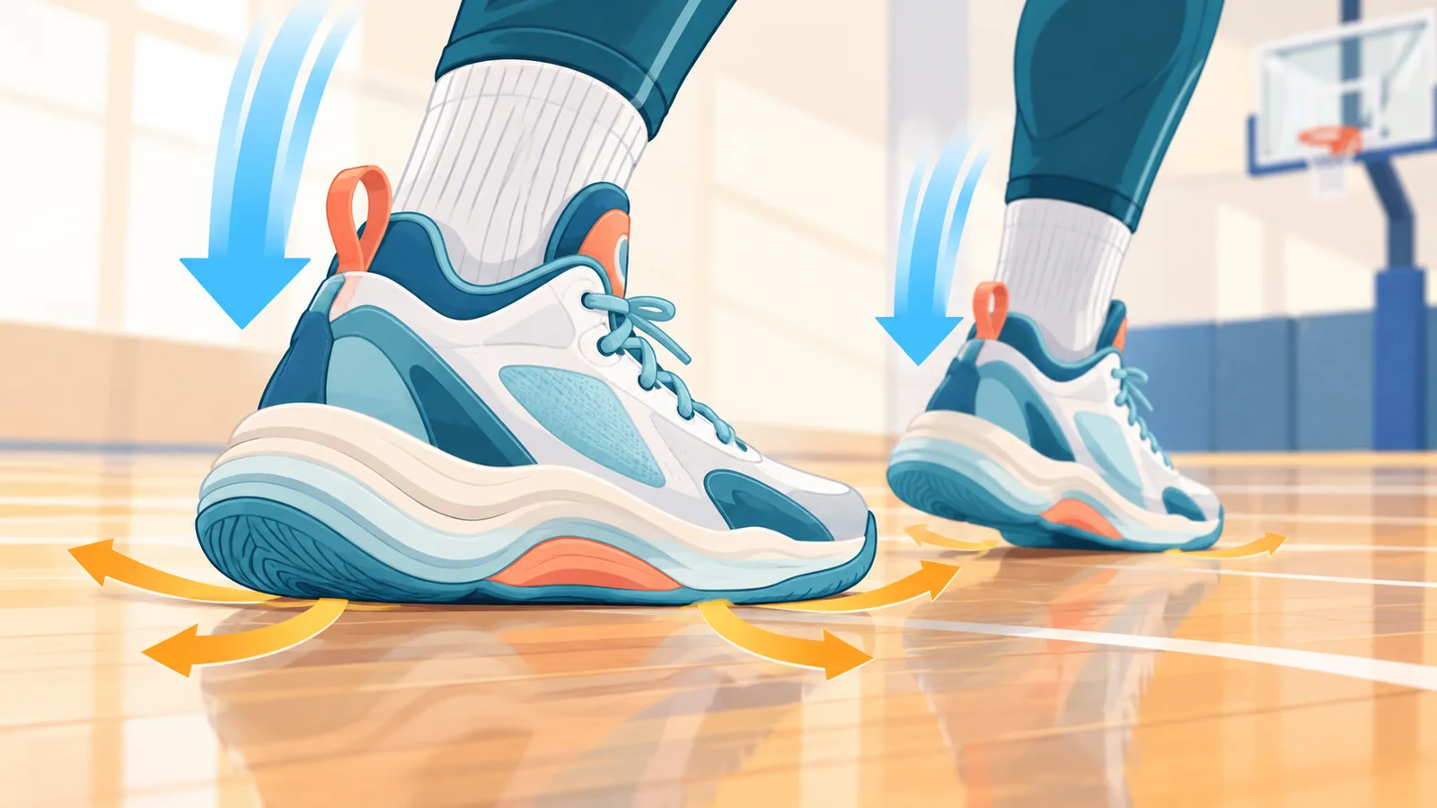 Pemain basket mendarat setelah melompat dengan sepatu basket bersol tebal