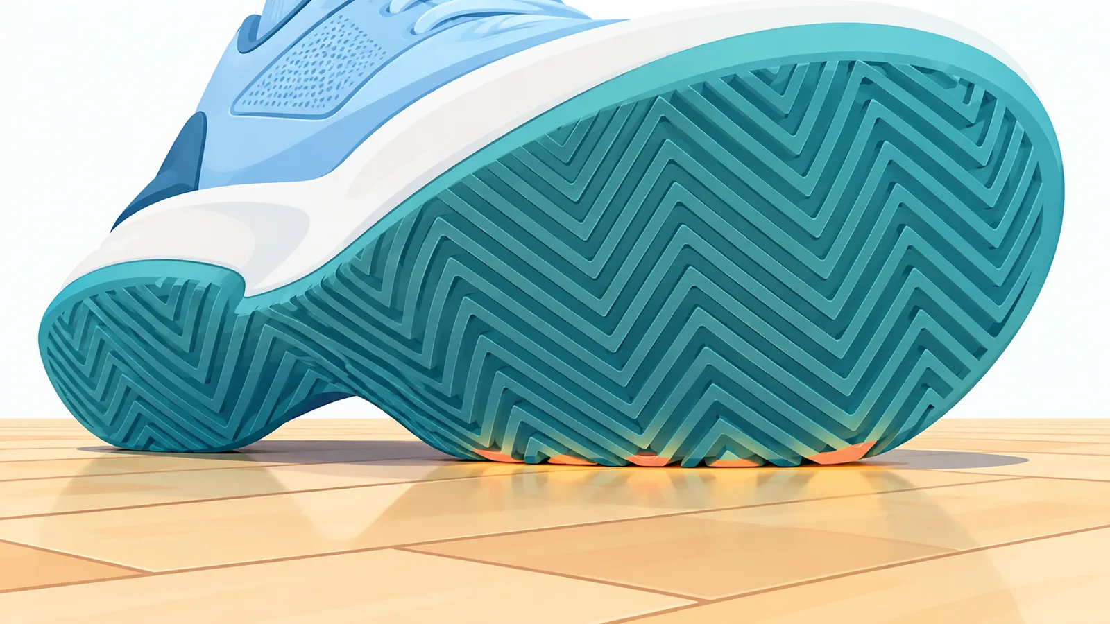 Close-up outsole sepatu basket dengan pola alur di lantai parket