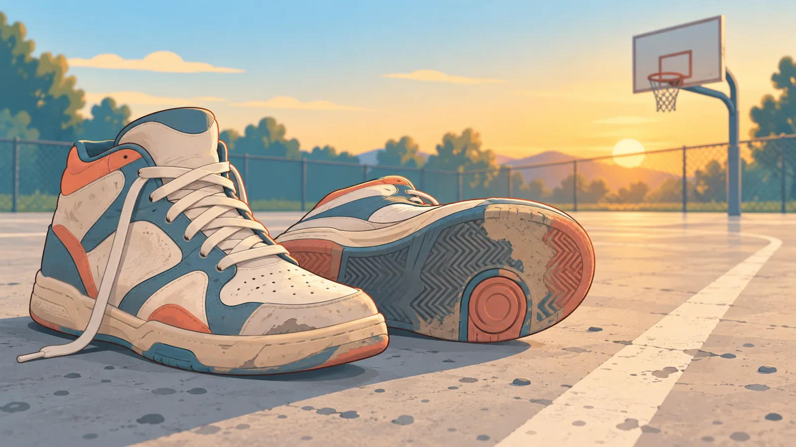 Sepatu basket di atas lapangan semen outdoor dengan sol yang terlihat sedikit aus