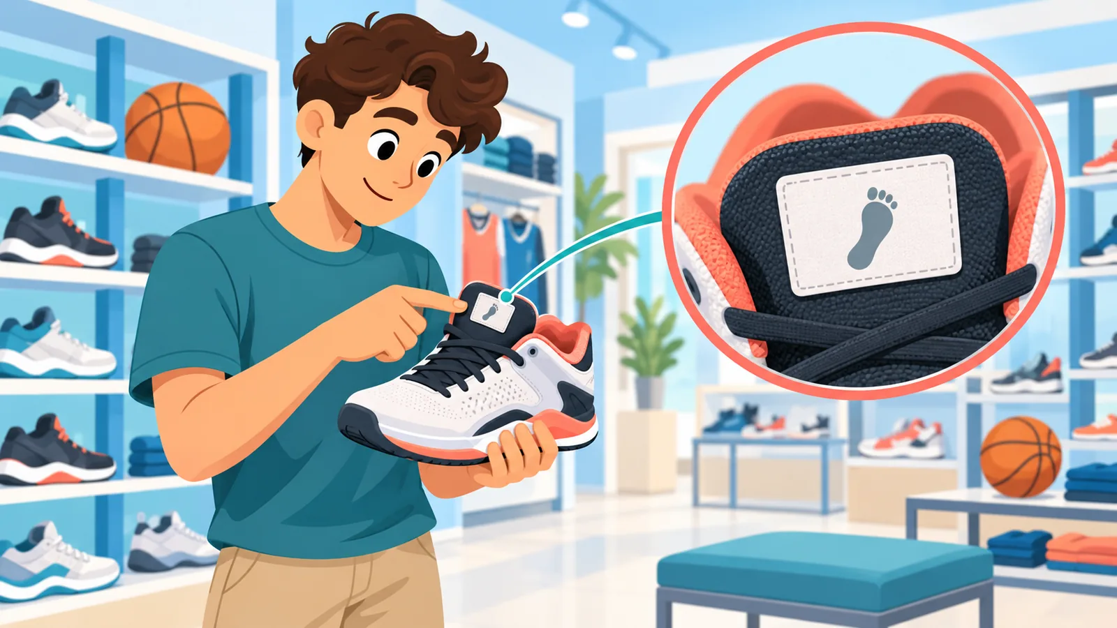 Pemain basket pemula memegang sepatu basket sambil membaca label ukuran di toko