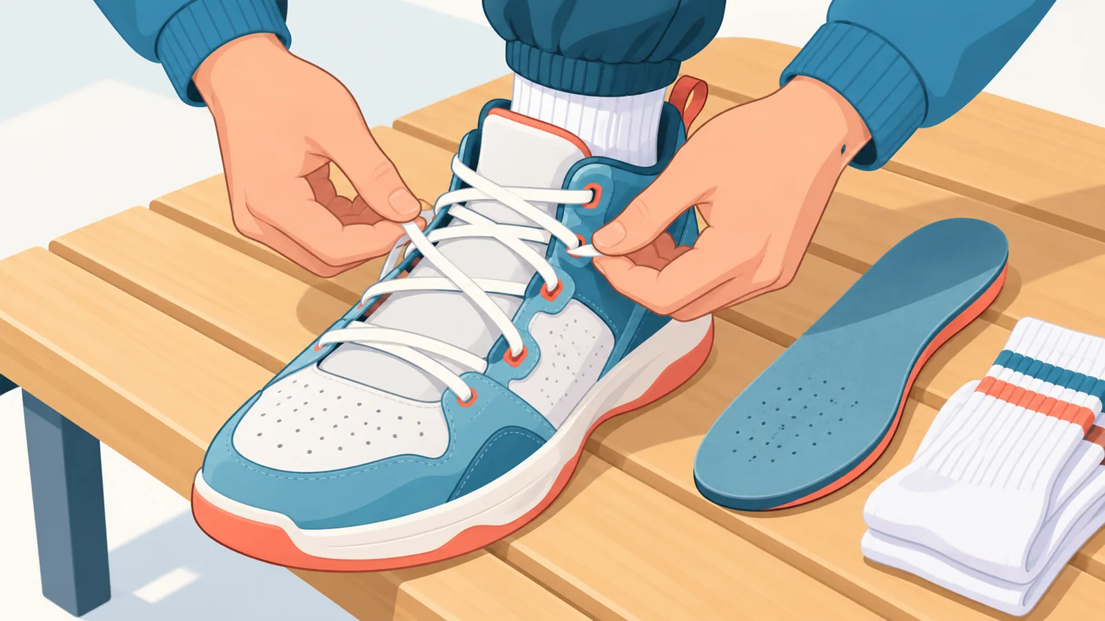 Tangan mengikat tali sepatu basket dengan pola longgar di bagian depan