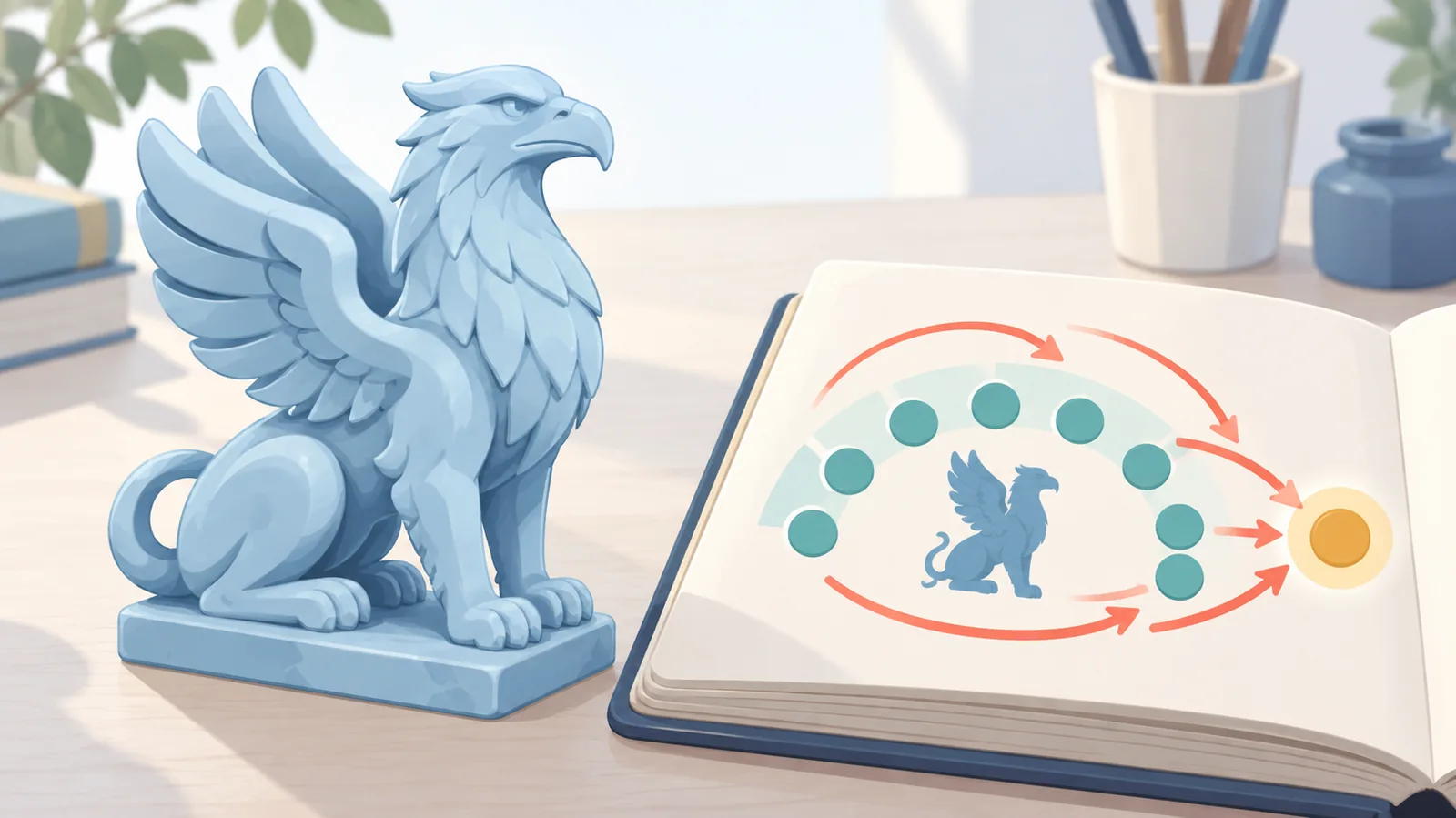 Patung griffin kecil di samping buku catatan taktik