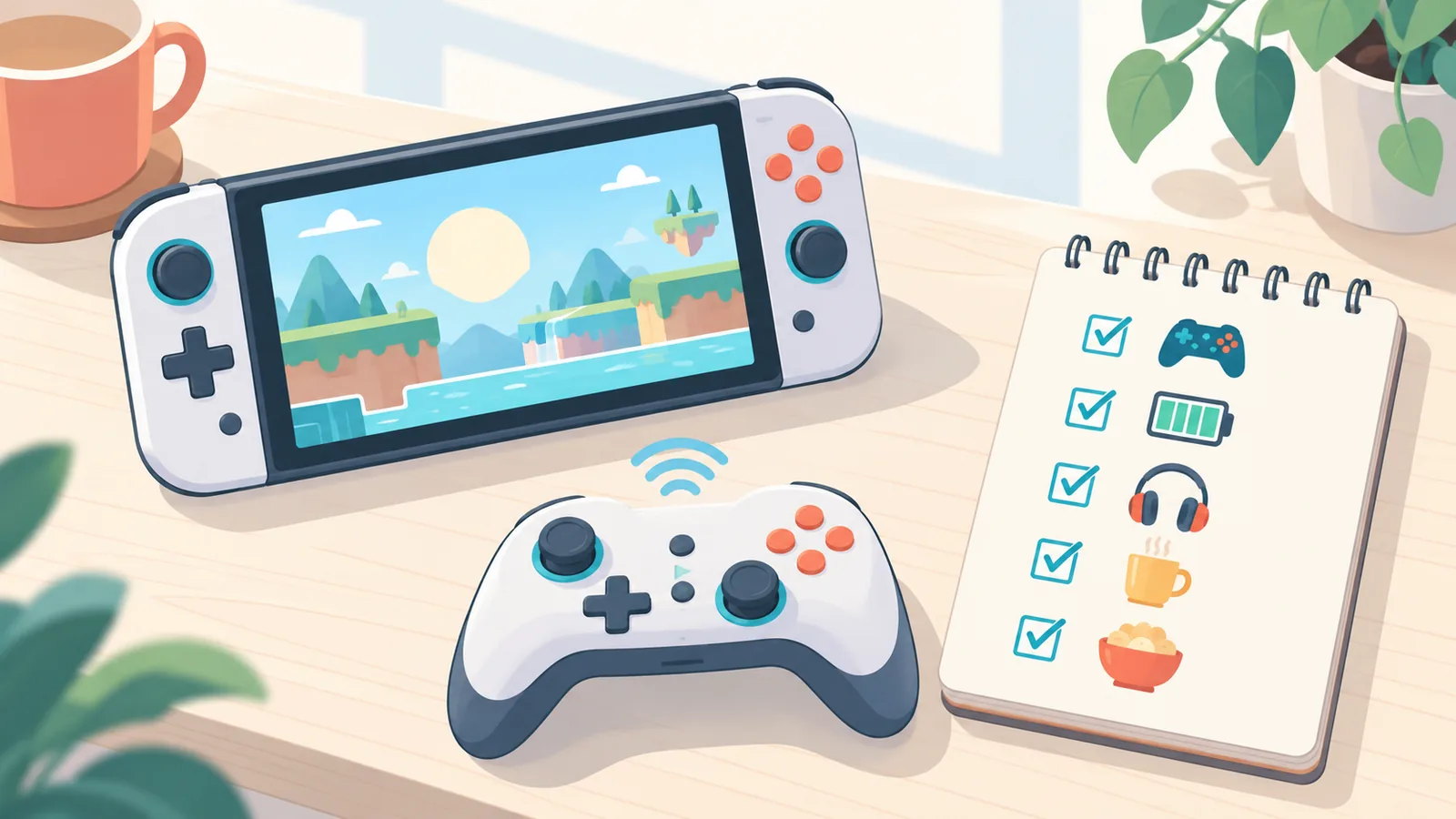 Konsol game dan daftar cek tulisan tangan di atas meja kayu