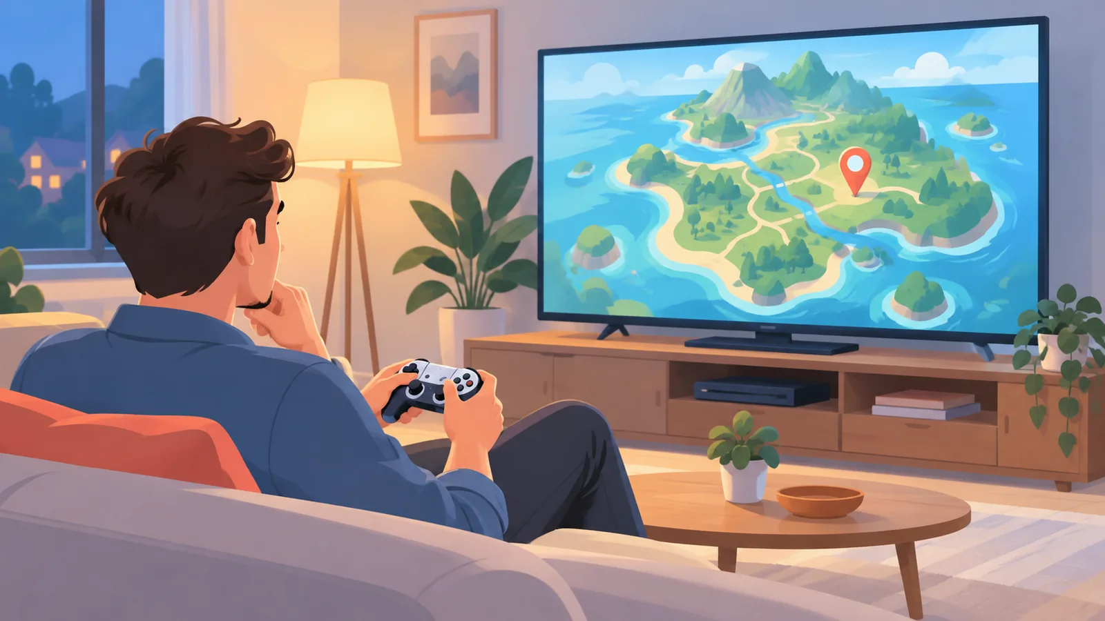 Pemain duduk di sofa sambil menatap layar televisi
