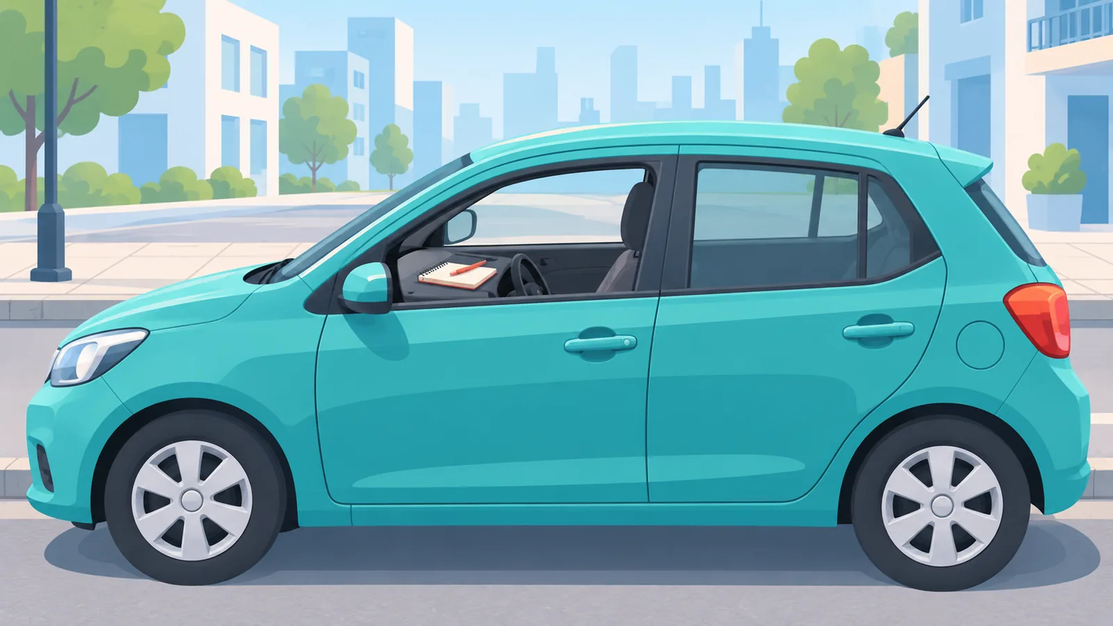 Mobil terparkir dengan buku catatan jarak tempuh di dasbor