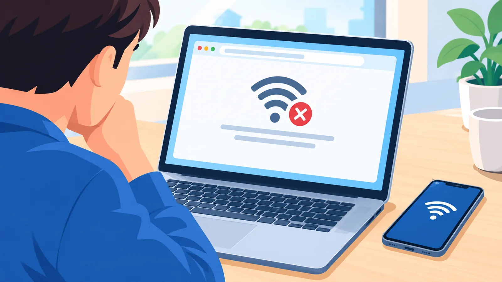Orang menatap laptop yang menampilkan halaman galat peramban dengan ponsel di sampingnya