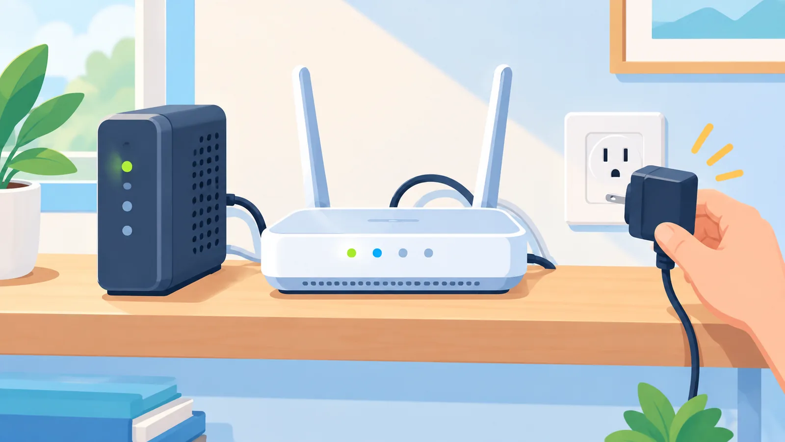 Modem dan router di rak kayu saat adaptor daya akan disambungkan