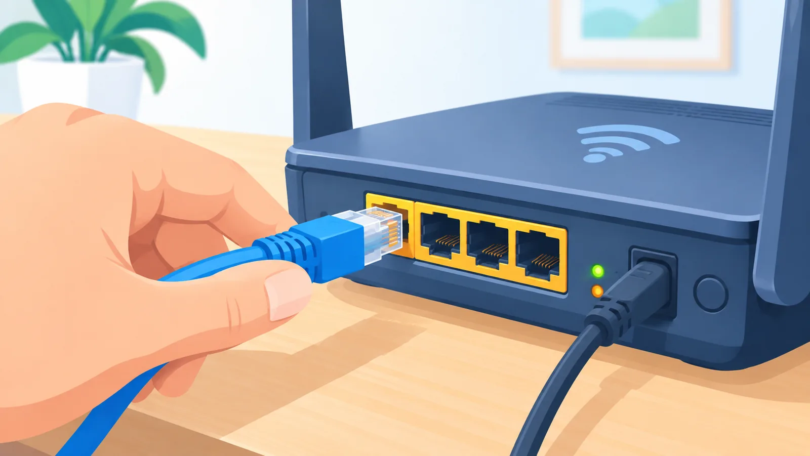 Tangan memasang kabel Ethernet ke port LAN di bagian belakang router
