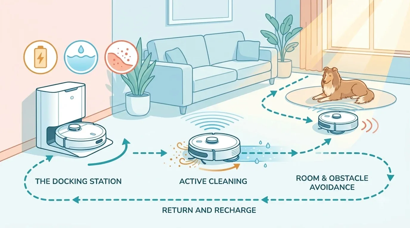Anjing golden retriever di karpet ruang tamu dengan robot vacuum di dekatnya